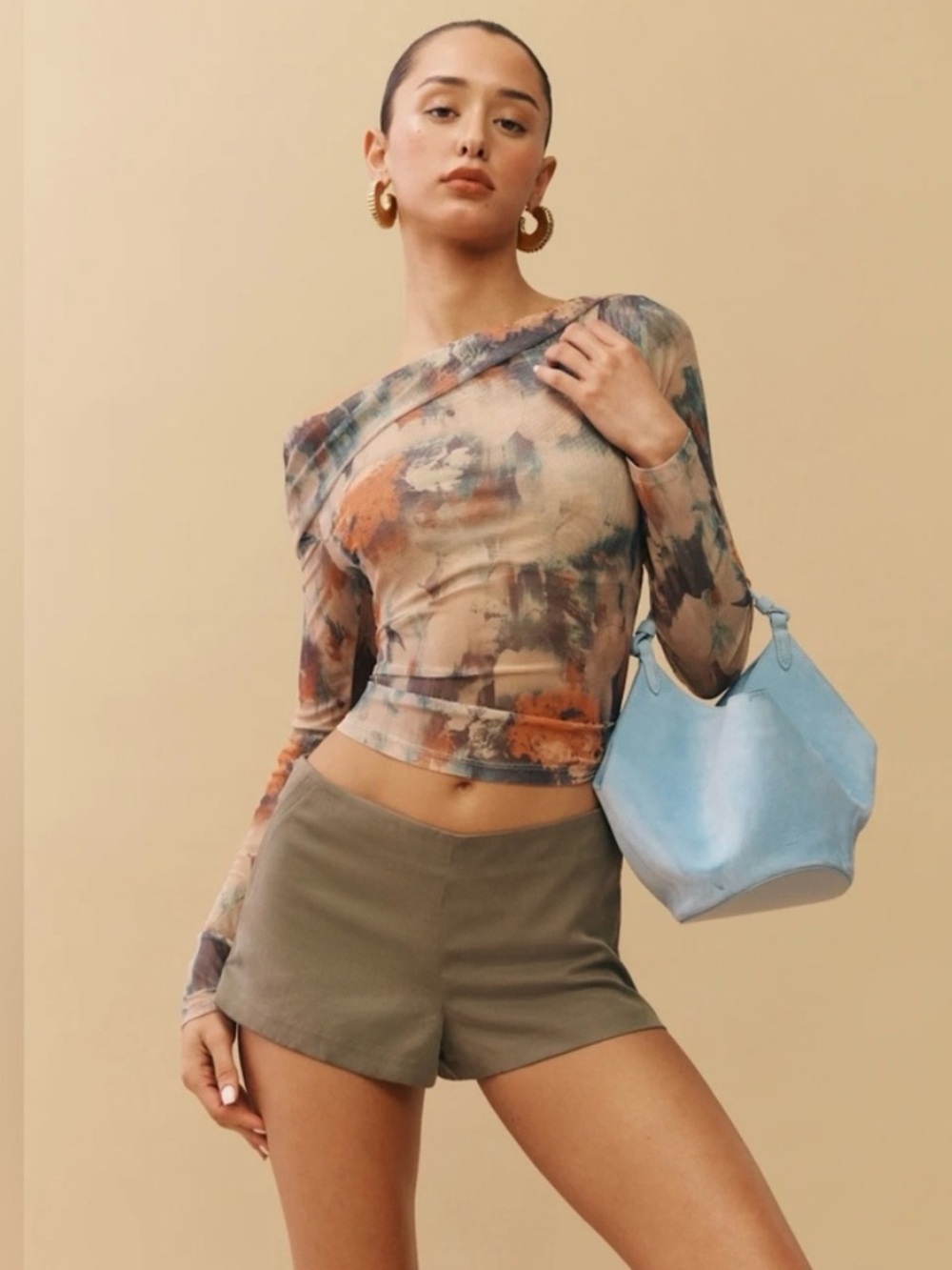 Reformation Sheer Abstract Print Long Sleeve Mesh Top XS